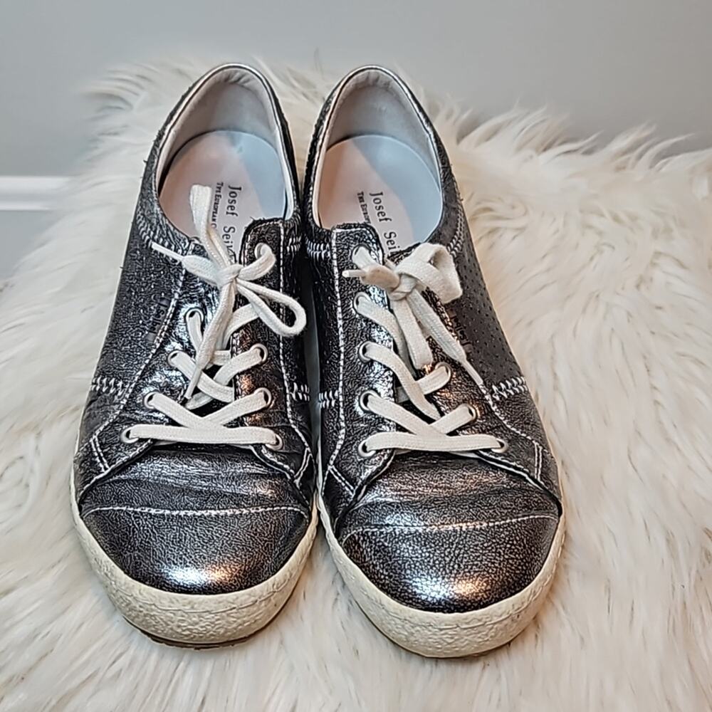 Josef Seibel Women's Dark Metallic Grey Leather Sneakers Size 40 (US 8.5-9)